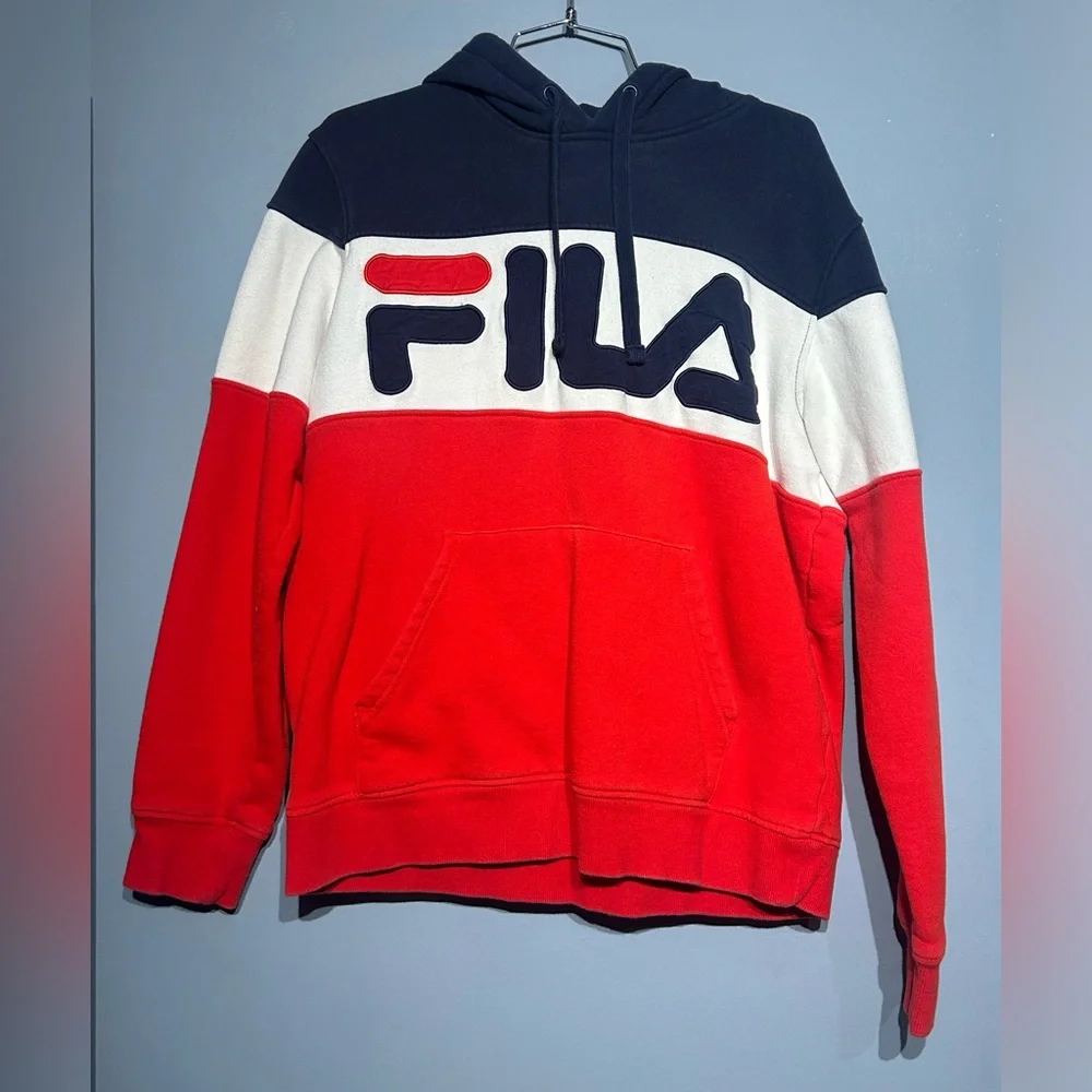 FILA Men’s Hoodie - Size M - Red, White & Navy Pullover Sweatshirt - Picture 1 of 5